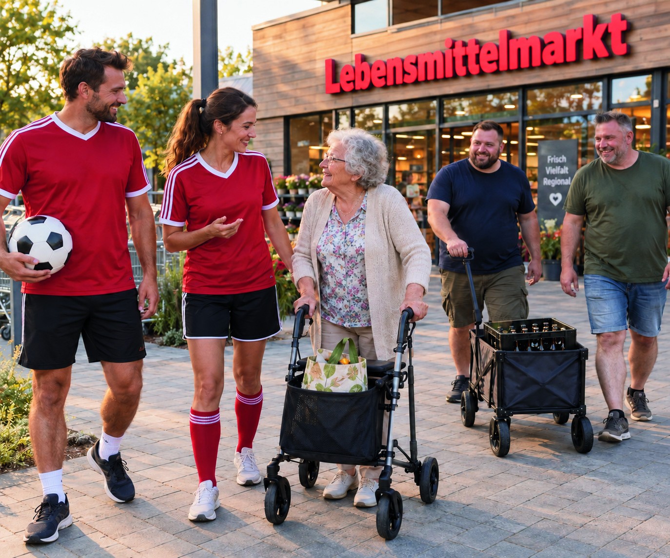 AI-generierte Begegnung vor einem Lebensmittelmarkt