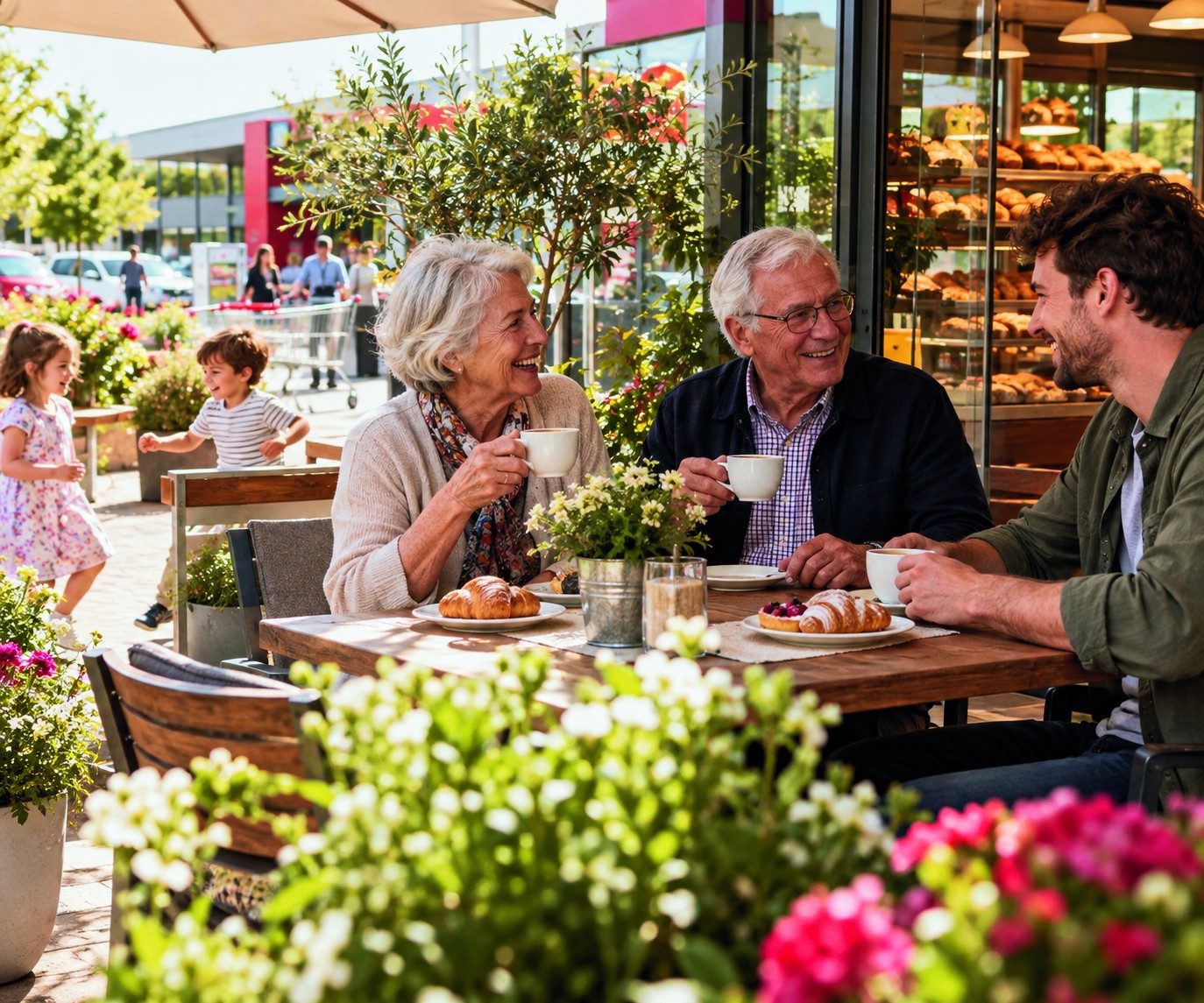 Illustrative Café-Szene mit Menschen verschiedener Generationen